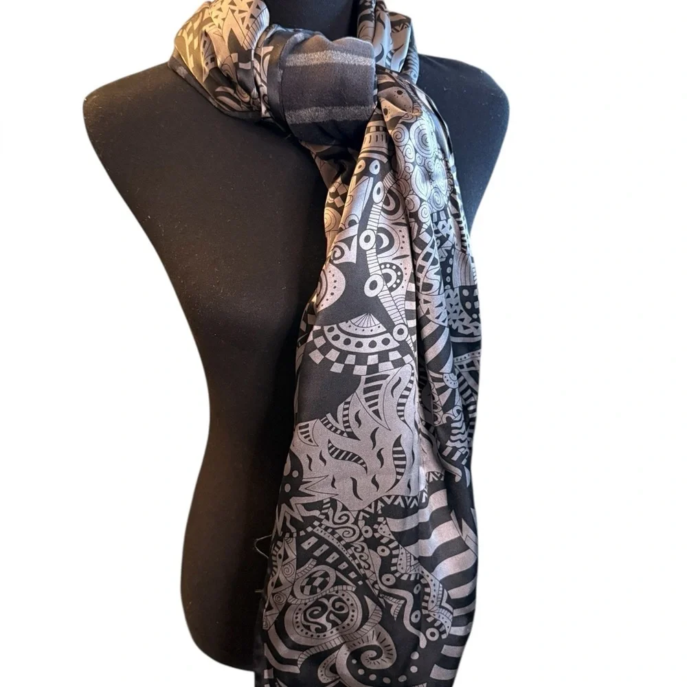 RARE Leslie Singer Scarf Silk Blend in black/Gray - Picture 4 of 10